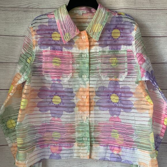 Erin London Pastel Floral Sheer Textured Button Down Jacket Spring Shirt Size L - Picture 15 of 16